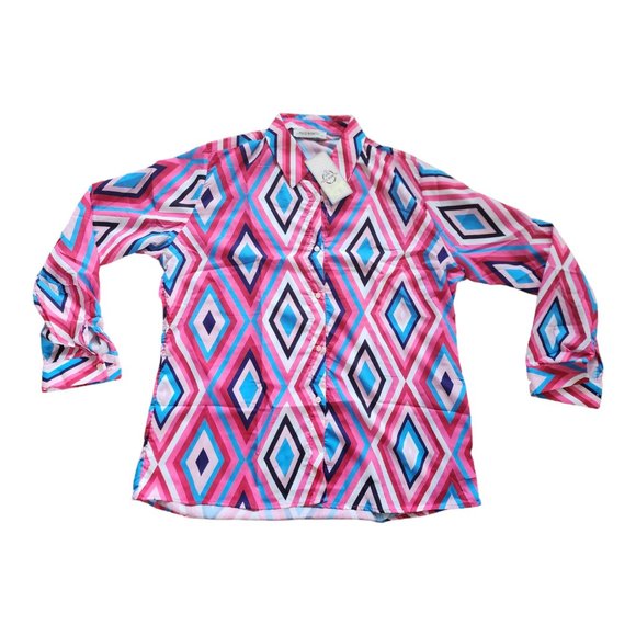 Polo Bonetta Bright Groovy Multi Color Long Sleeve Button Down Blouse Size 2XL46 - Picture 1 of 7